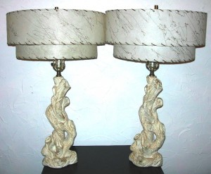 Pair of white driftwood shaped chalkware lamps w/two-tier fiberglass shades, $150
