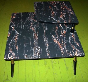 1950s pink & black marbled two-tier corner table, $100