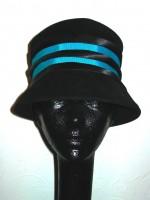 Vintage Janyth Roy black velour hat w/turquoise & black ribbon striping