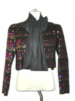Vintage striped sequined cropped jacket with bow collar