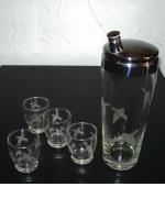 Vintage cocktail shaker and 4 glasses with etched bird motif