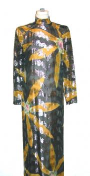 Gray & yellow floral full-length dress w/metallic stitching