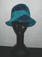 Vintage cerulean blue furry wool hat with ribbon