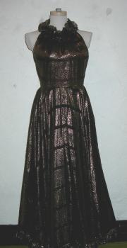 Black & metallic gold striped, full-length sleeveless dress by Paule Nelson, made in Italy