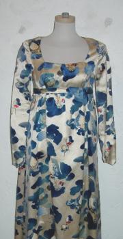 White & blue velvety soft pile silk full-length dress with hot air balloon motif