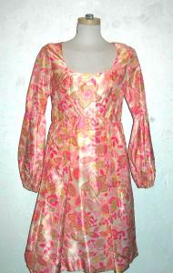 Pink & white mod floral print satin dress with cinched bell sleeves