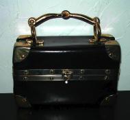 Vintage black vinyl box purse w/heavy-duty gold hardware