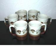 Set of 6 brown & white mushroom motif mugs