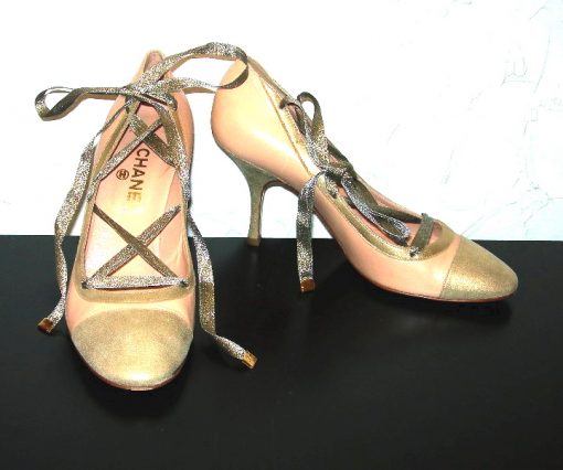 Chanel pale pink & metallic gold heels w/metallic laces