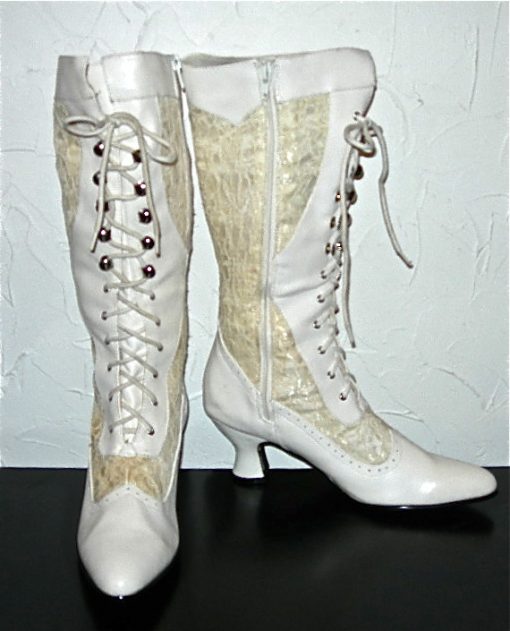 Victorian style white leather & lace boots, size 9