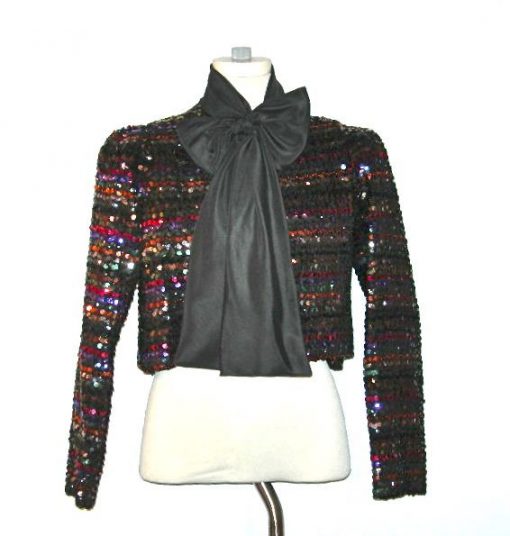 Vintage striped sequined cropped jacket with bow collar
