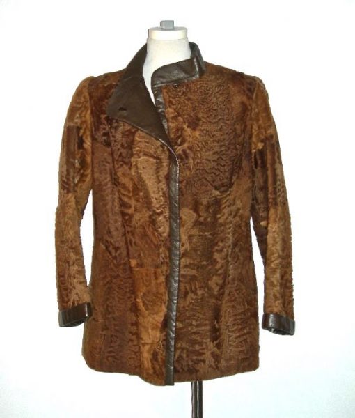 Vintage brown calfskin coat with leather trim