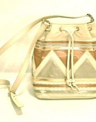 Meyers cream/taupe/bronze stripe/zigzag leather drawstring purse