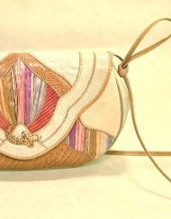 Sharif cream & brown leather purse w/rainbow ribbon, gold metal sword detail