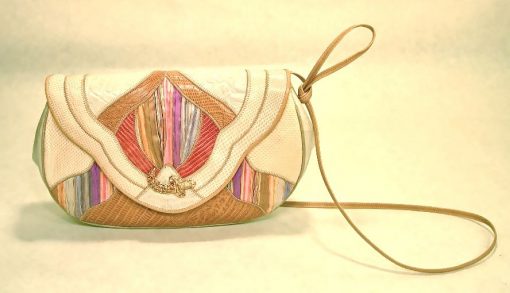 Sharif cream & brown leather purse w/rainbow ribbon, gold metal sword detail