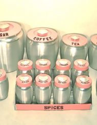 Vintage Kromex aluminum canister set w/spice rack, and salt & pepper shakers