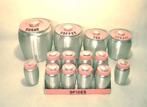 Vintage Kromex aluminum canister set w/spice rack, and salt & pepper shakers