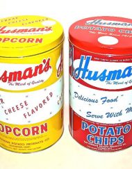 Vintage Husman's popcorn & potato chip tin canisters