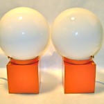 Pair of vintage orange metal cube lamps, SOLD