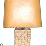 Vintage tan ceramic basketweave lamp w/fiberglass shade, $68