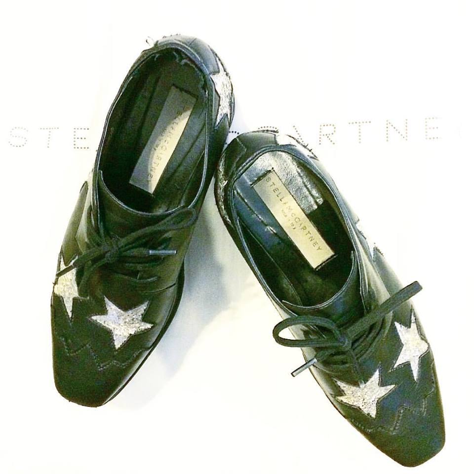 Stella McCartney Elyse platform shoes with silver glitter stars, size 6.5 US