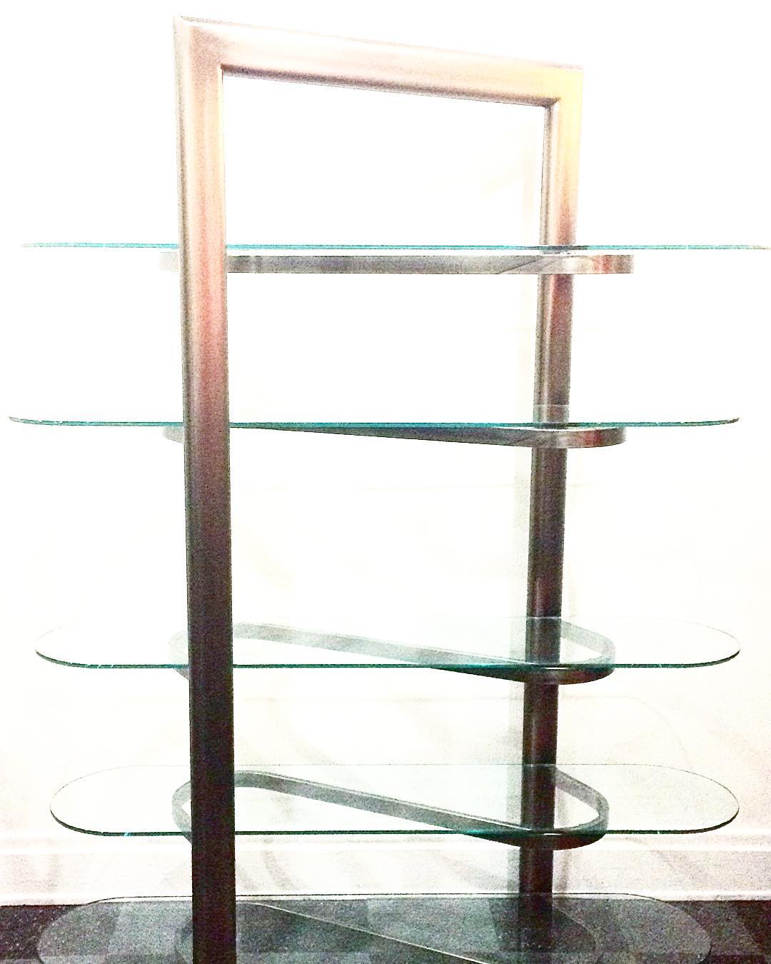 Modern ribbon shelf, brushed aluminum & glass, $400