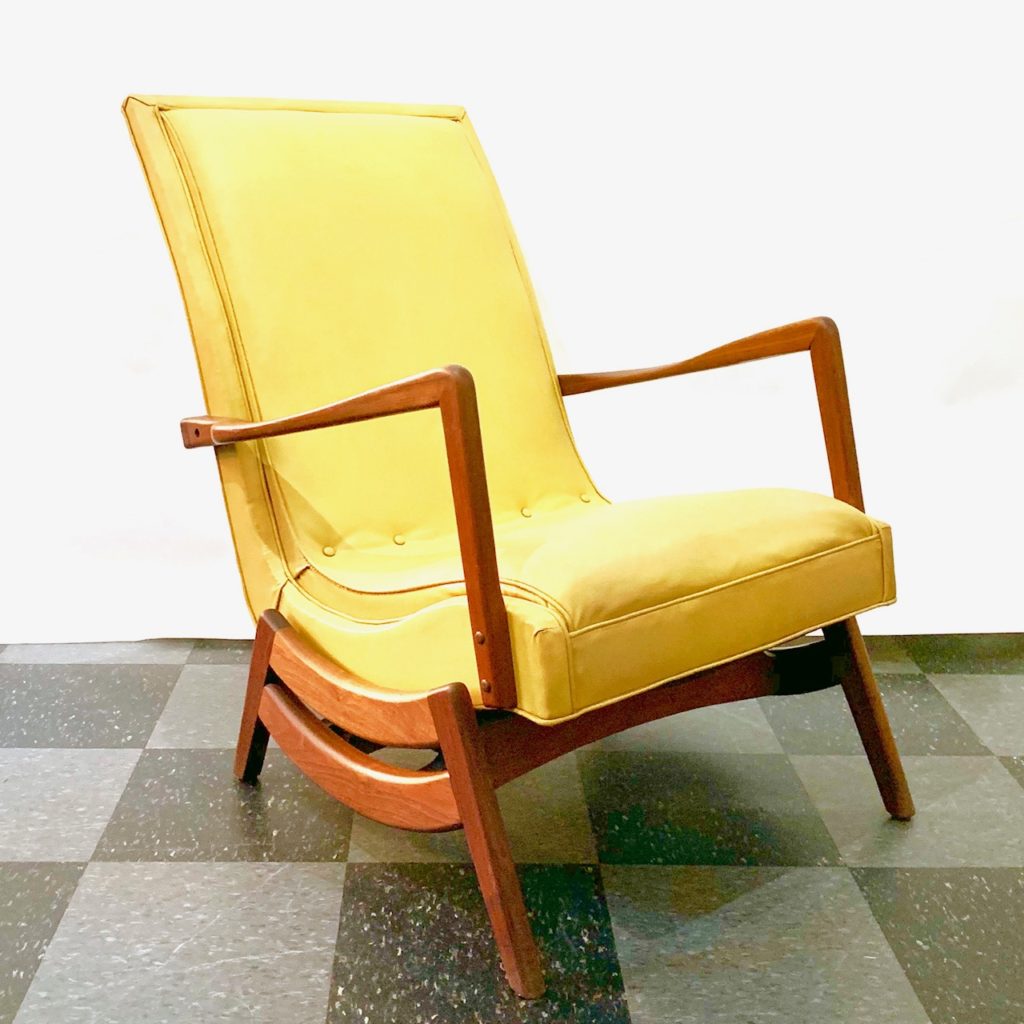 Vintage teak frame rocking chair, gold vinyl upholstery, SOLD