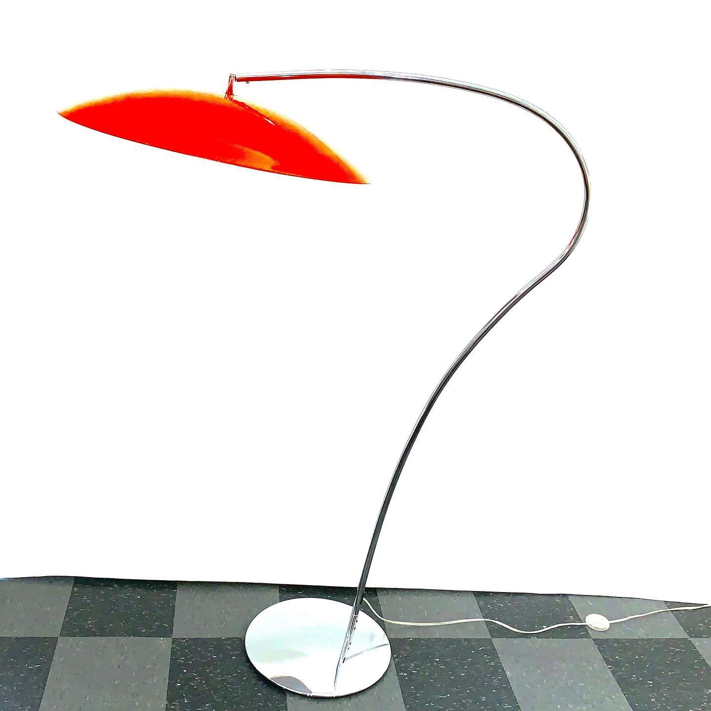 Big bright orange saucer gooseneck floor lamp, $120