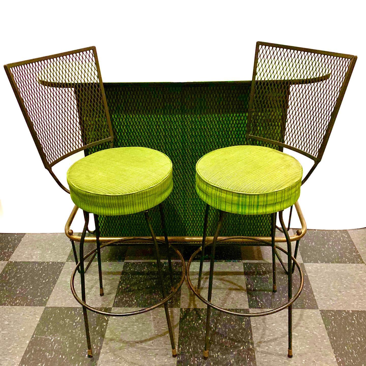 Vintage iron frame bar by Frederick Weinberg, with matching stools, textured lime green vinyl upholstery