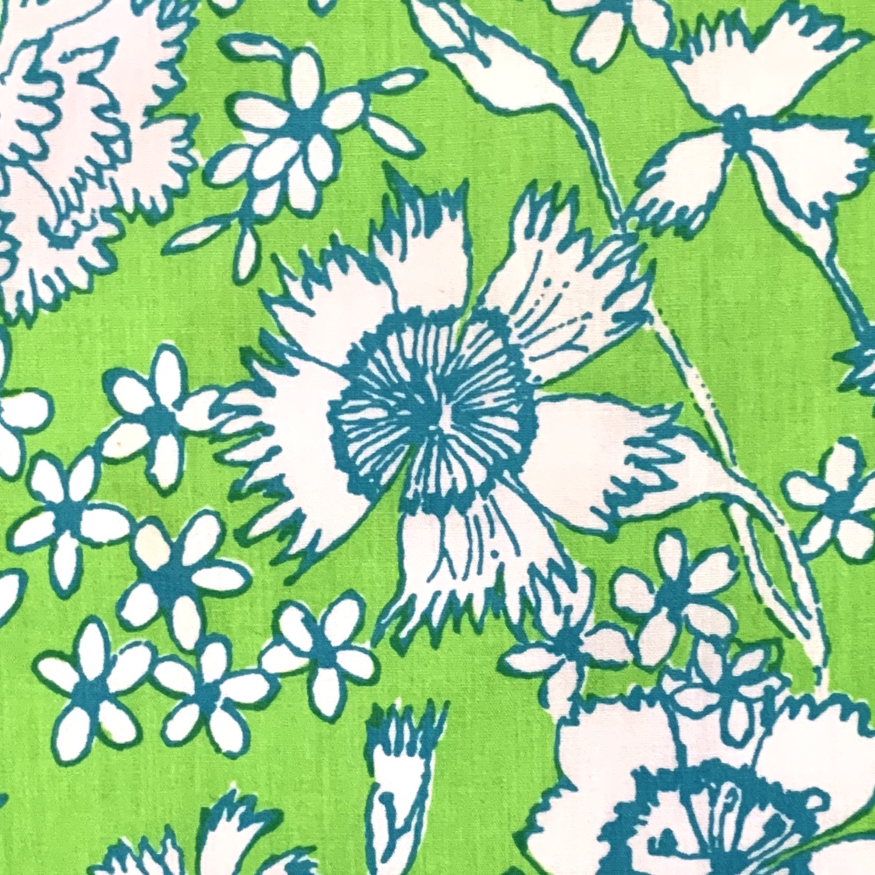 Vintage Lilly Pulitzer green & blue floral maxi dress, detail