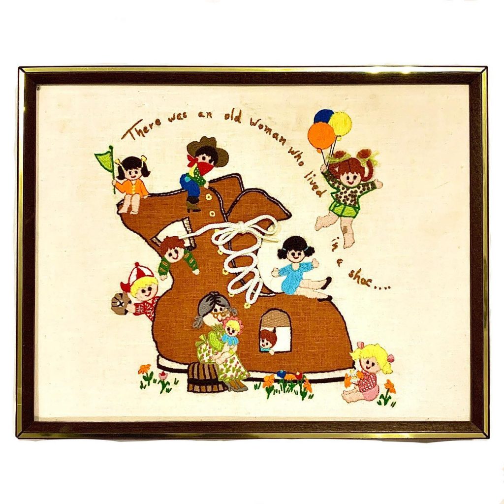Vintage hand stitched artpiece “There was an Old Woman Who Lived in a Shoe"