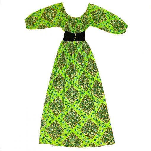 Vintage maxi dress, green with colorful pattern