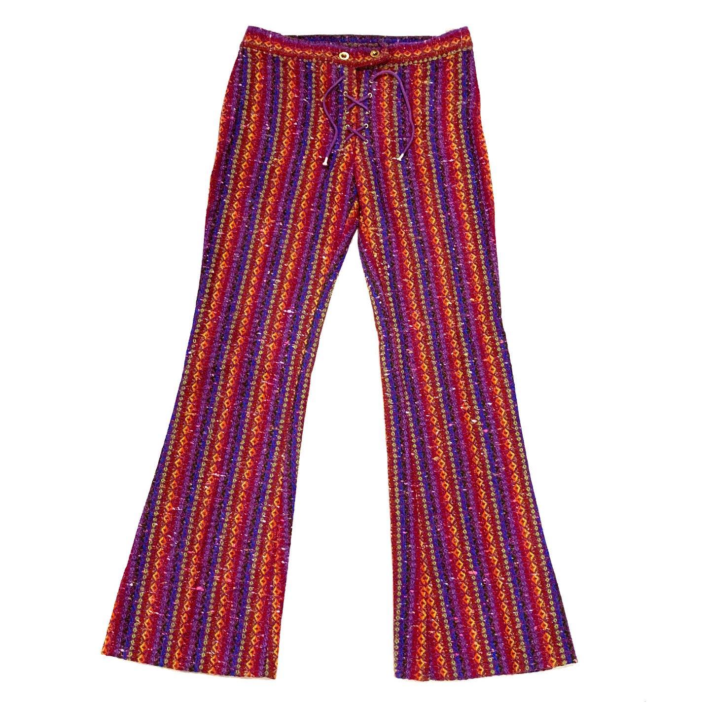 Vintage rainbow stripe woven pattern flared pants