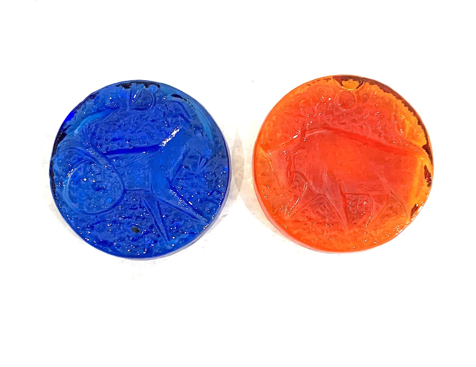 Vintage Blenko Glass Zodiac paperweights, Capricorn and Taurus