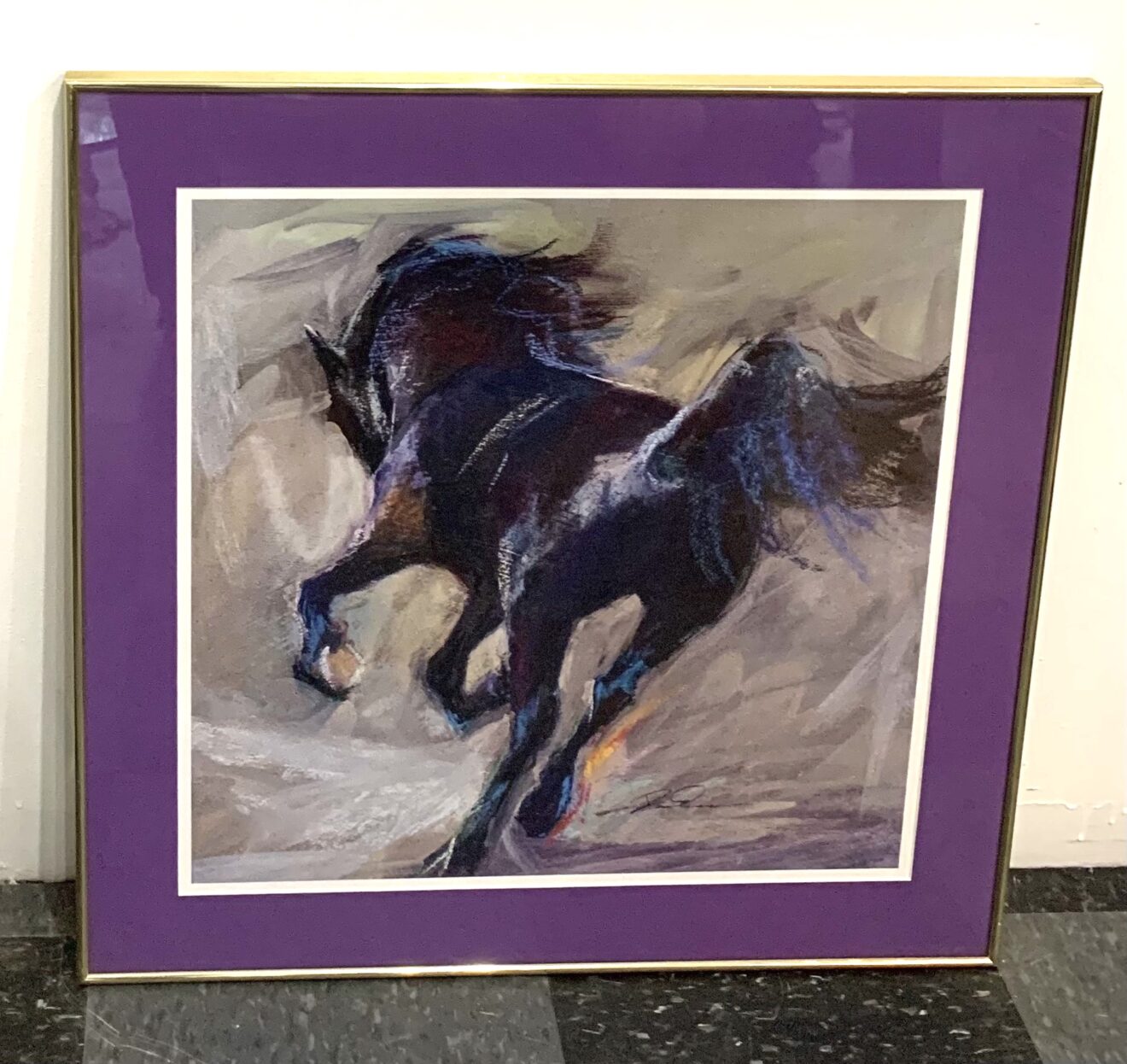 Vintage framed horse pastel art print, artist unknown NVISION